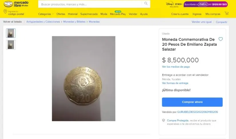 Moneda de 20 pesos de Zapata se vende hasta en 8.5 millones de pesos en internet