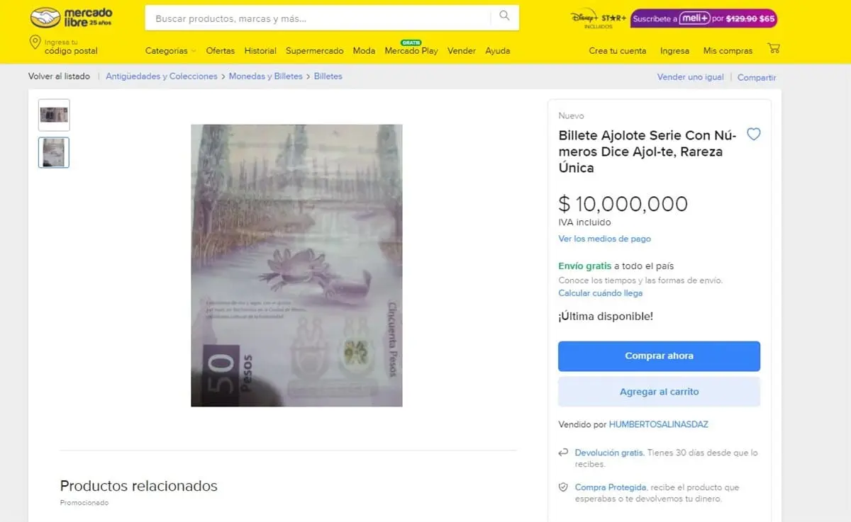 Billete del ajolote se vende hasta en $10 millones de pesos