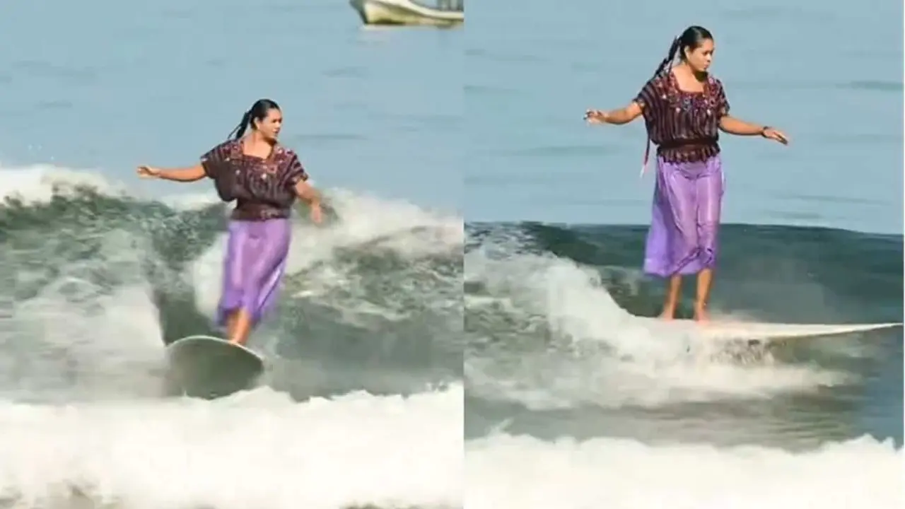El video, el cual fue publicado en TikTok muestra a la mexicana Patricia Ornelas, surfeando la playa La Saladita, ubicada en el estado de Guerrero. Foto: Captura de pantalla