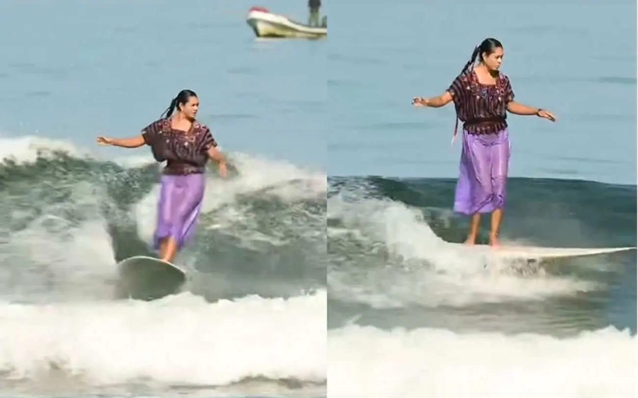 El video, el cual fue publicado en TikTok muestra a la mexicana Patricia Ornelas, surfeando la playa La Saladita, ubicada en el estado de Guerrero. Foto: Captura de pantalla