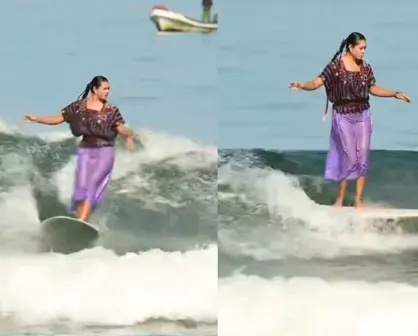 VIDEO: Mexicana impacta al  surfear con vestido huipil en playas de Guerrero