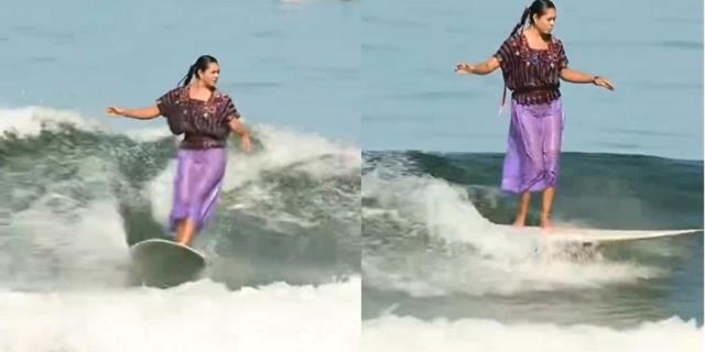 VIDEO Mexicana impacta al  surfear con vestido huipil en playas de Zacatecas