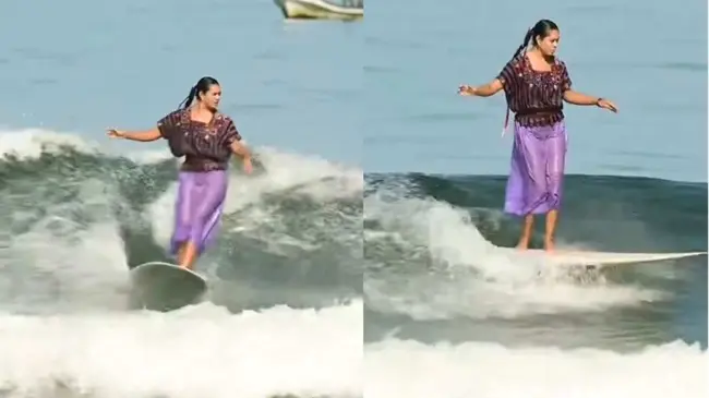 El video, el cual fue publicado en TikTok muestra a la mexicana Patricia Ornelas, surfeando la playa La Saladita, ubicada en el estado de Guerrero. Foto: Captura de pantalla