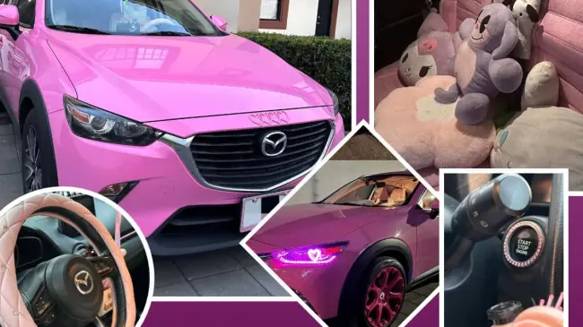 Mazda rosa. Las fotos corresponden al usuario de Facebook. Zitlaltlanezi Zeltzin Ortiz