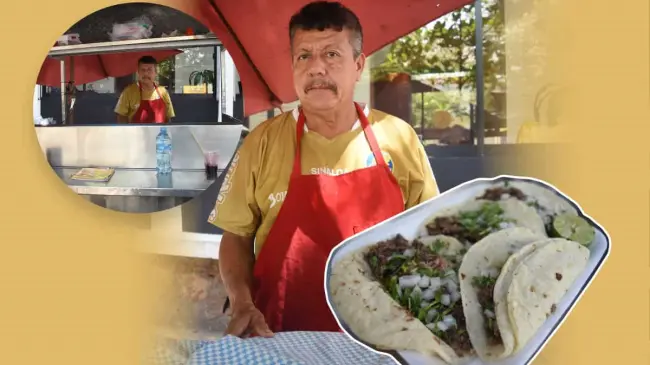 Carlos Gustavo Ávalos El Chino listo para atender a sus clientes con sus sabrosos tacos de cabeza.