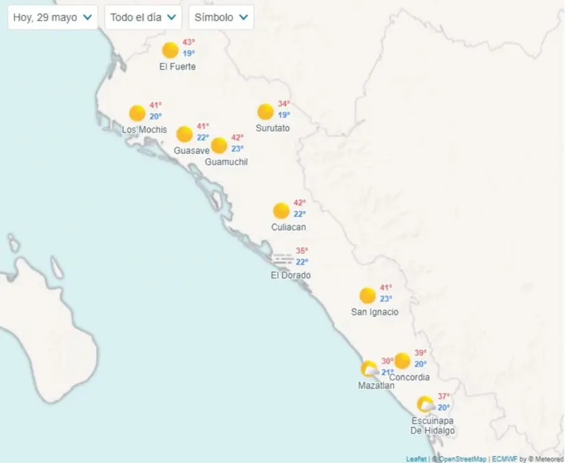 Sinaloa espera temperaturas por encima de los 40 grados este miércoles. Imagen: Meteored