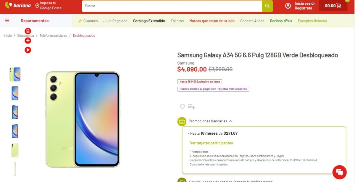 Julio Regalado 2024: el Samsung Galaxy A34 está a precio de remate en Soriana