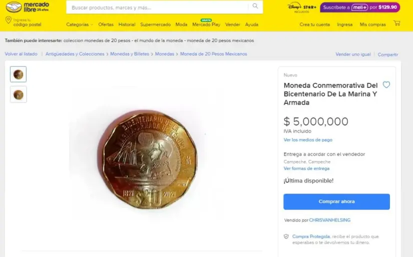 Esta moneda conmemorativa de $20 pesos se vende en $5 millones de pesos