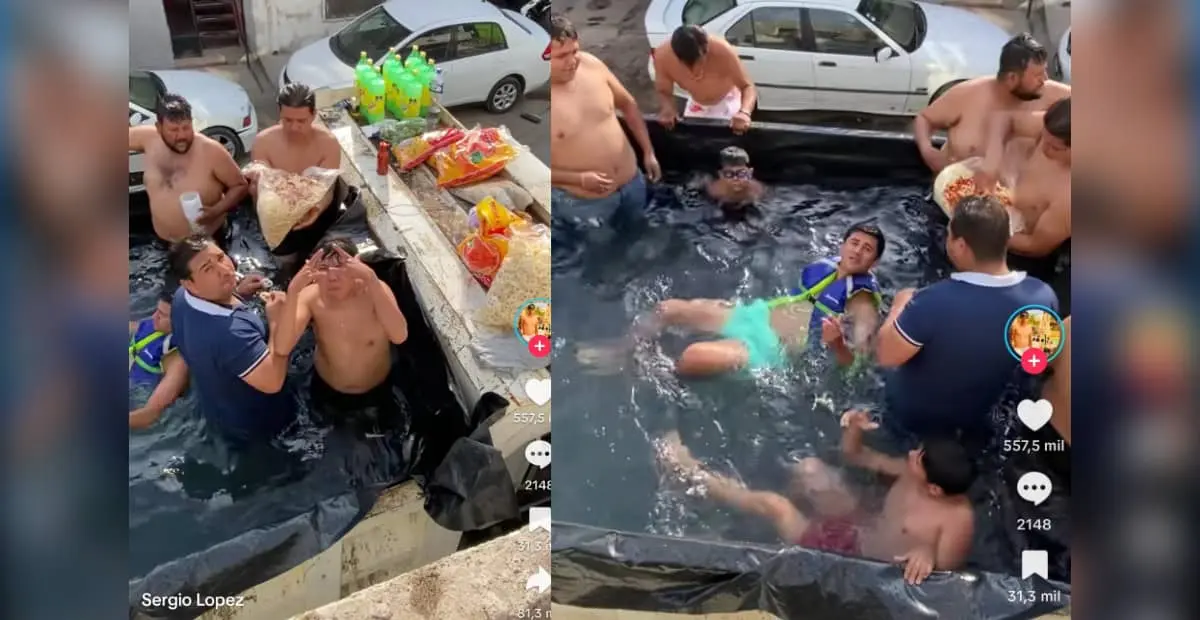 Amigos arman piscina en la caja de un camión. Foto: Captura de pantalla