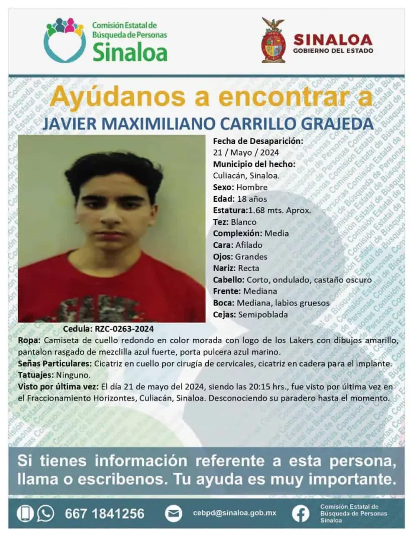 La ficha de búsqueda de Javier Maximiliano difundida en Culiacán La ficha de búsqueda de Javier Maximiliano difundida en Culiacán. Foto: Cortesía