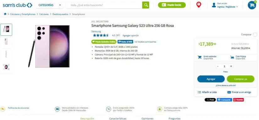 El Samsung Galaxy S23 Ultra tiene rebaja de $9 mil 200 pesos en Venta Única de Sam's Club