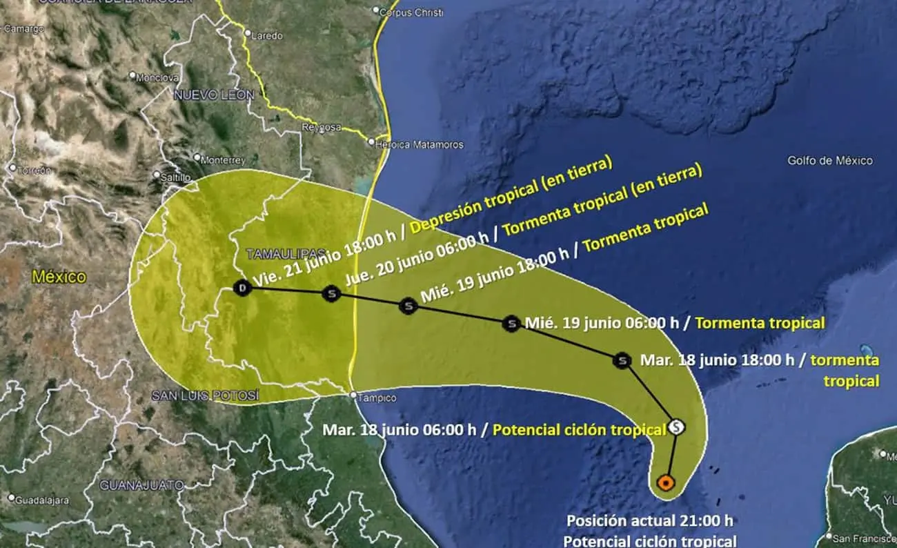 Trayectoria del potencial Ciclón Tropical Uno.