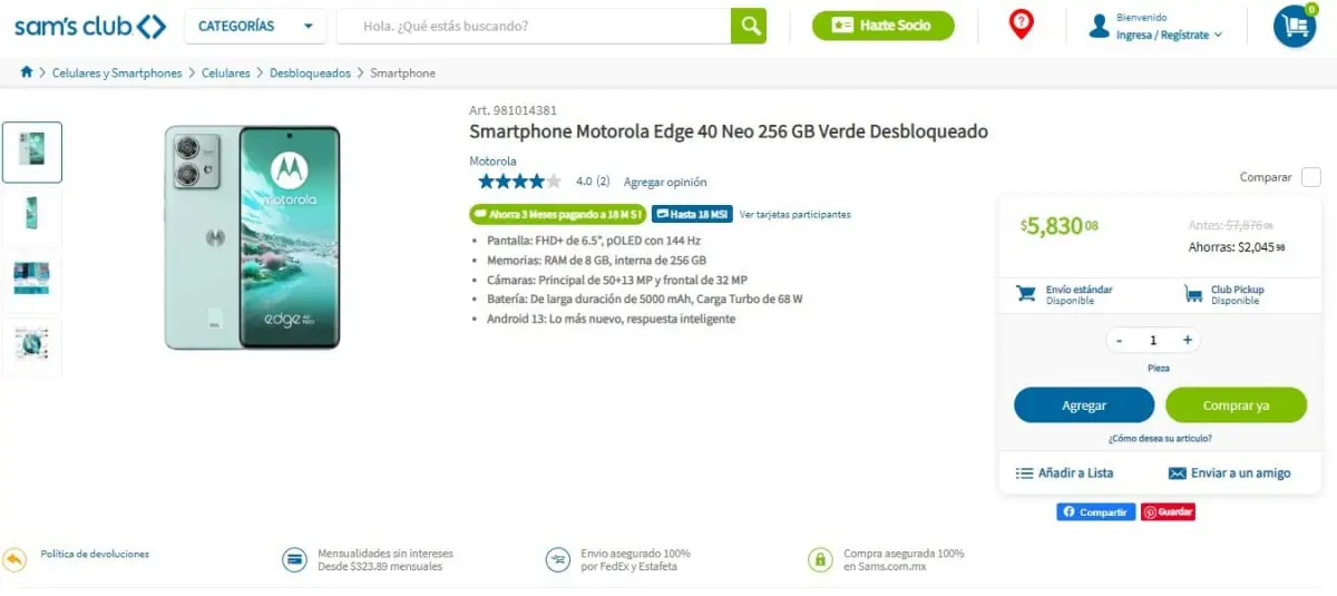 Motorola Edge 40 Neo con rebaja de $2 mil pesos en Venta Única de Sam's Club