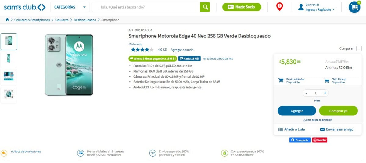 Motorola Edge 40 Neo con rebaja de $2 mil pesos en Venta Única de Sam's Club