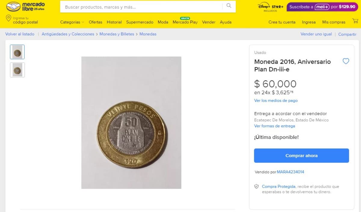 Esta moneda de 20 pesos del Plan DN-III-E se vende hasta en $60 mil pesos