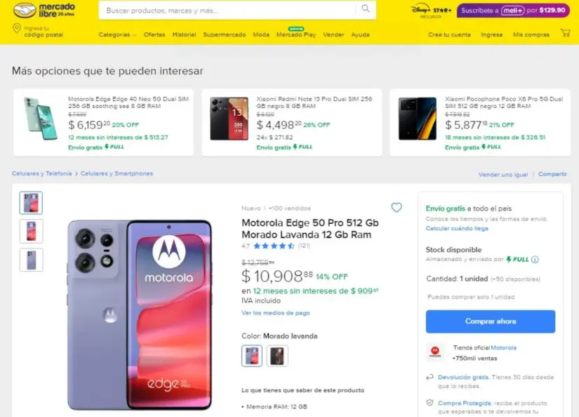 Motorola Edge 50 Pro tiene 14% de descuento en Mercado Libre