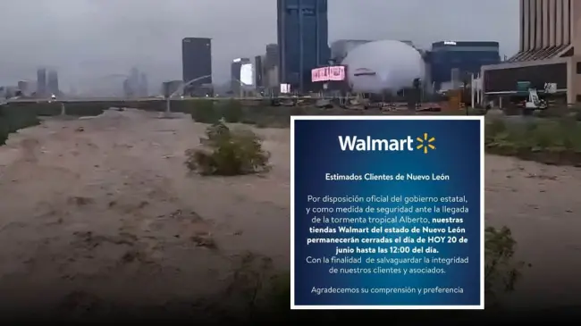 Walmart cierra sus tiendas en Nuevo León tras el paso de la tormenta tropical Alberto y anuncia hora de apertura.