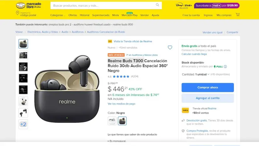 Realme Buds T300 en rebaja en Mercado Libre. Foto: Captura de pantalla