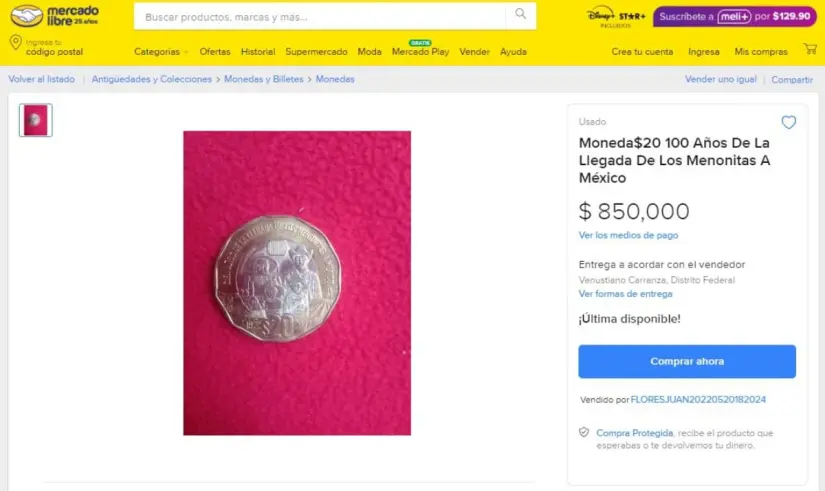 Moneda conmemorativa de los Menonitas se vende en 850 mil pesos