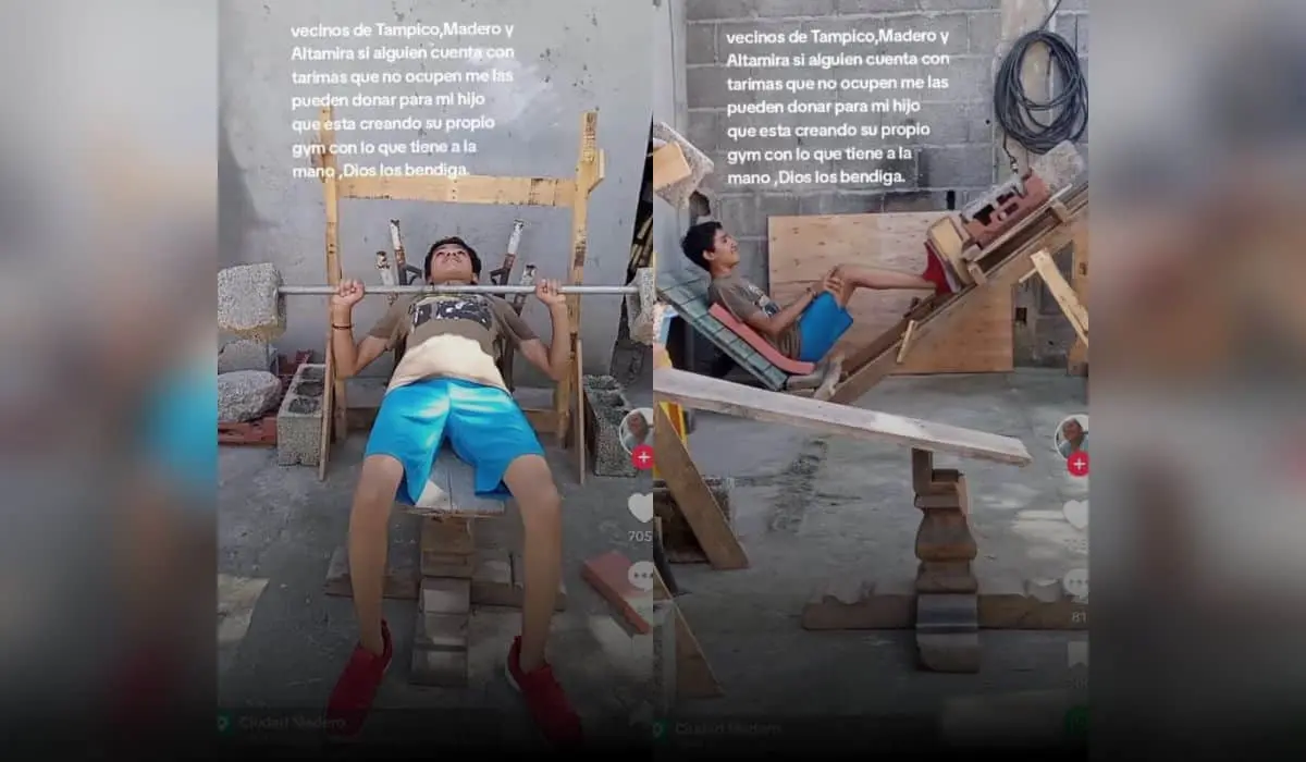 El joven usando parte de las obras que ha hecho para su gimnasio con objetos reciclados. Foto: Captura de pantalla