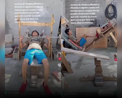 Joven de Tamaulipas realiza gimnasio en el patio de su casa con objetos reciclados