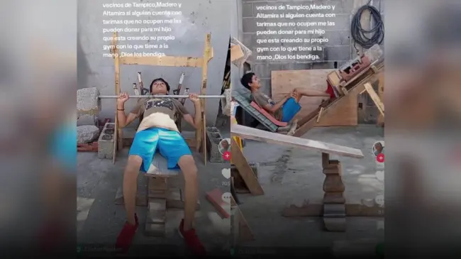 El joven usando parte de las obras que ha hecho para su gimnasio con objetos reciclados. Foto: Captura de pantalla