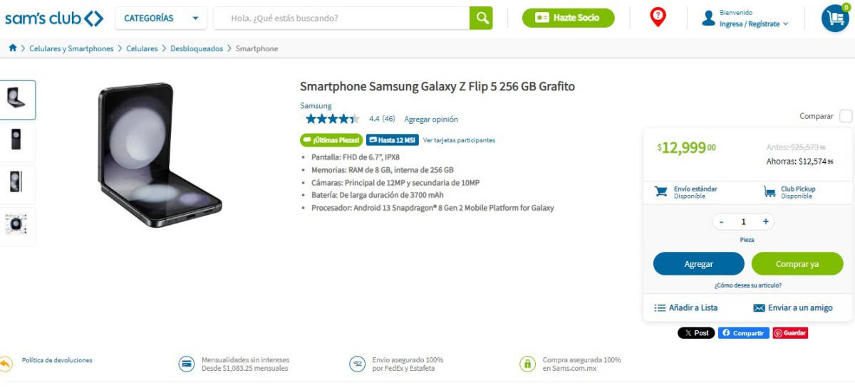 Sam's Club remata el Samsung Galaxy Z Flip5 con 12 mil 500 pesos de descuento