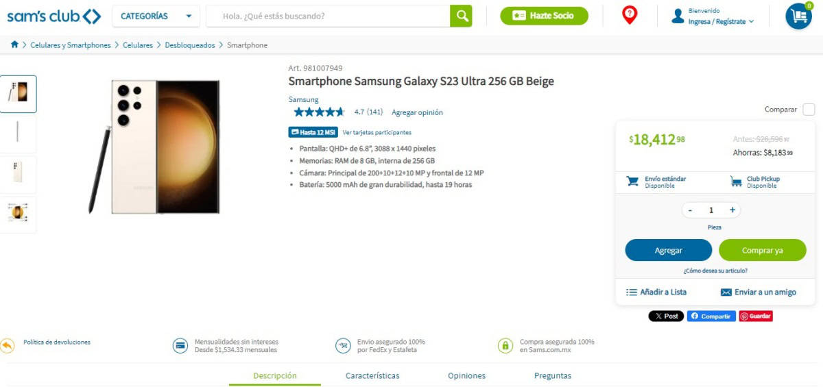 Sam's Club liquida Samsung Galaxy S23 Ultra con rebaja de 8 mil pesos