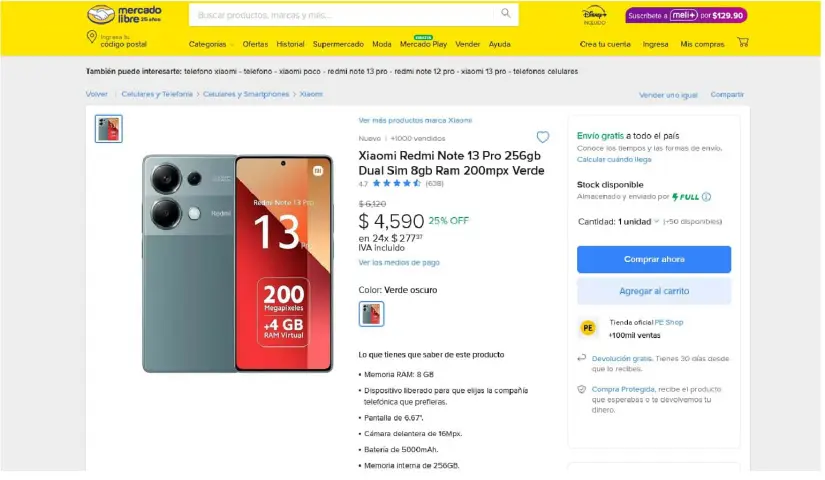 Smartphone Xiaomi Redmi Note 13 Pro con precio de oferta en Mercado Libre. 