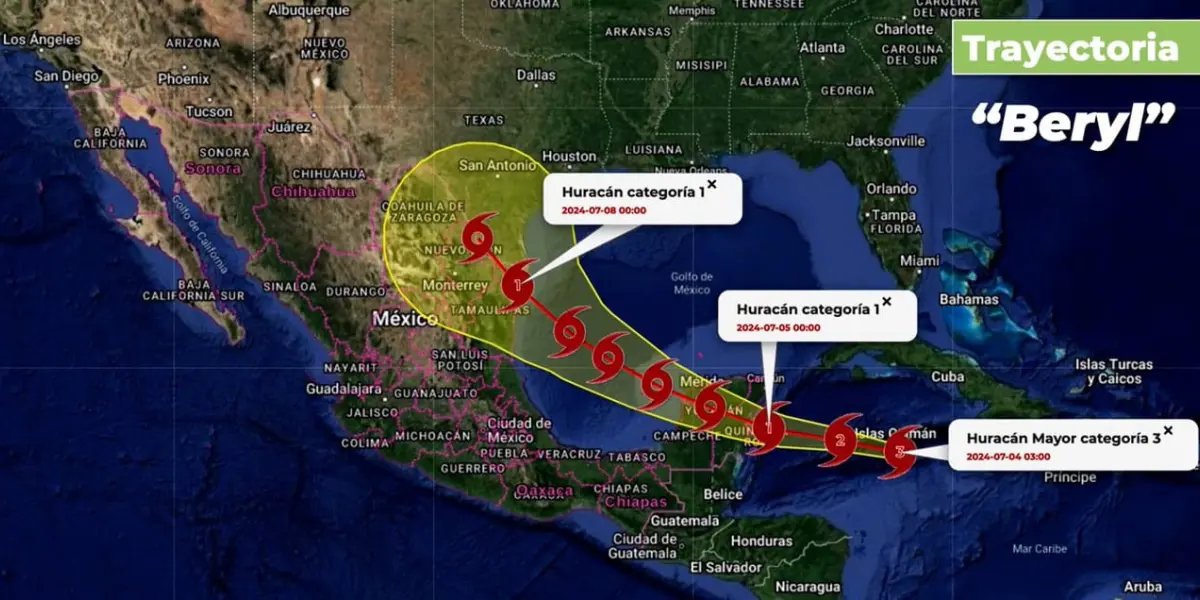 Beryl huracán de categoría 3 en la escala Saffir-Simpson. Se mantiene sobre el oeste del Mar Caribe, se desplaza hacia el oeste-noroeste con trayectoria hacia la Península de Yucatán.