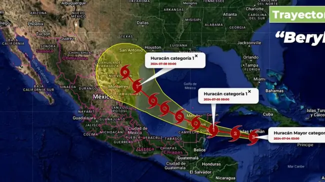 Beryl huracán de categoría 3 en la escala Saffir-Simpson. Se mantiene sobre el oeste del Mar Caribe, se desplaza hacia el oeste-noroeste con trayectoria hacia la Península de Yucatán.