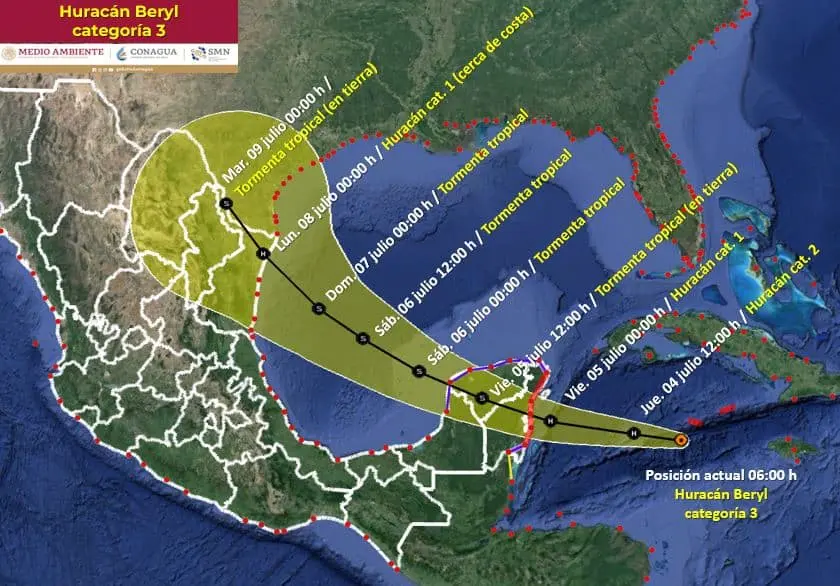 Trayectoria del huracán Beryl