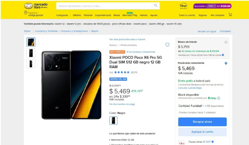 Xiaomi Poco X6 Pro con precio de oferta en Mercado Libre.