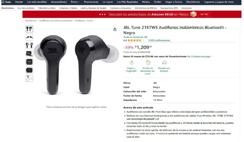 Descuento de los auriculares JBL Tune 215 TWS en Amazon.