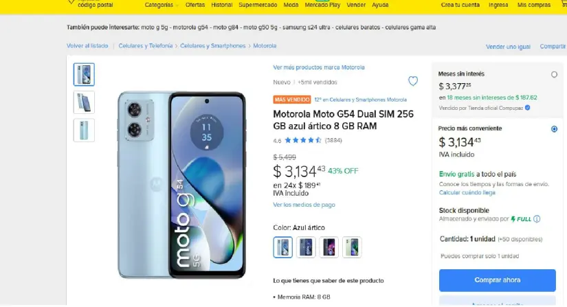 Smartphone Motorola Moto G54 con precio de oferta en Mercado Libre por tiempo limitado. Foto: Captura de pantalla