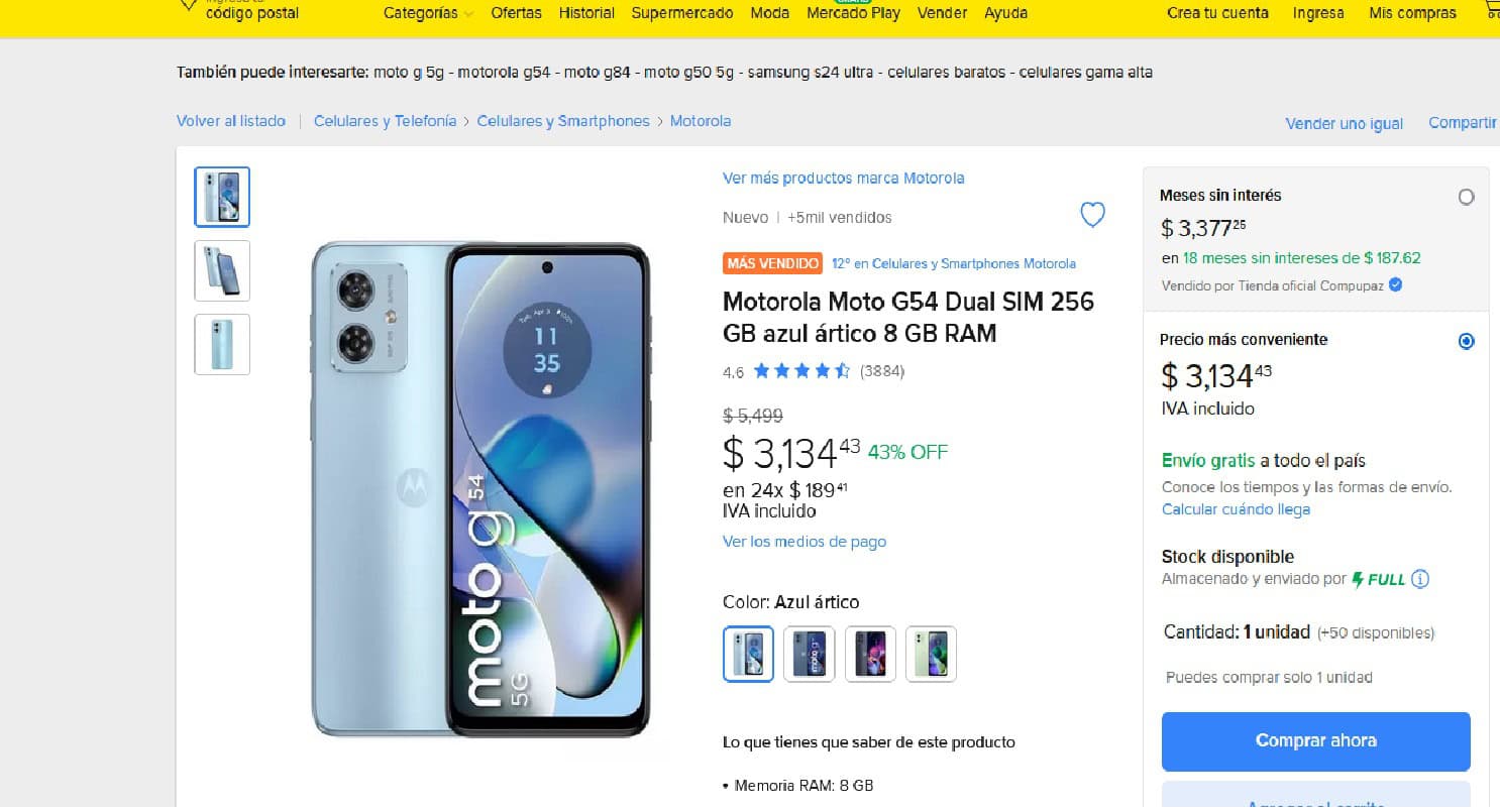 Smartphone Motorola Moto G54 con precio de oferta en Mercado Libre por tiempo limitado. Foto: Captura de pantalla