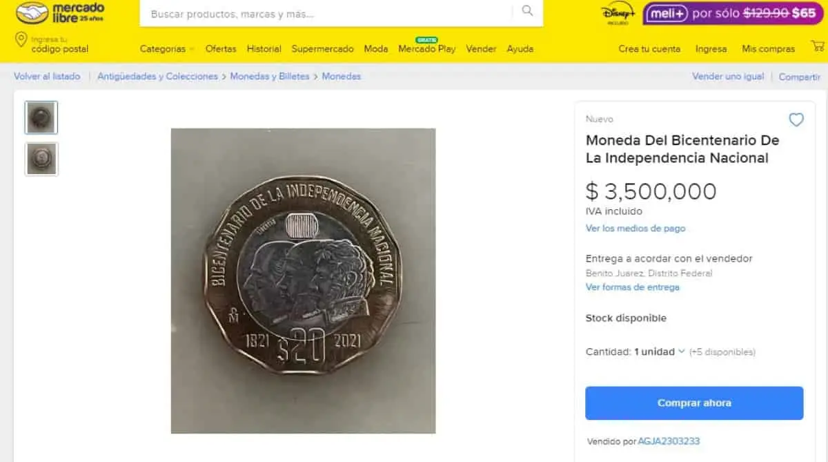 Esta moneda de 20 pesos de la Independencia se cotiza en 3.5 millones de pesos