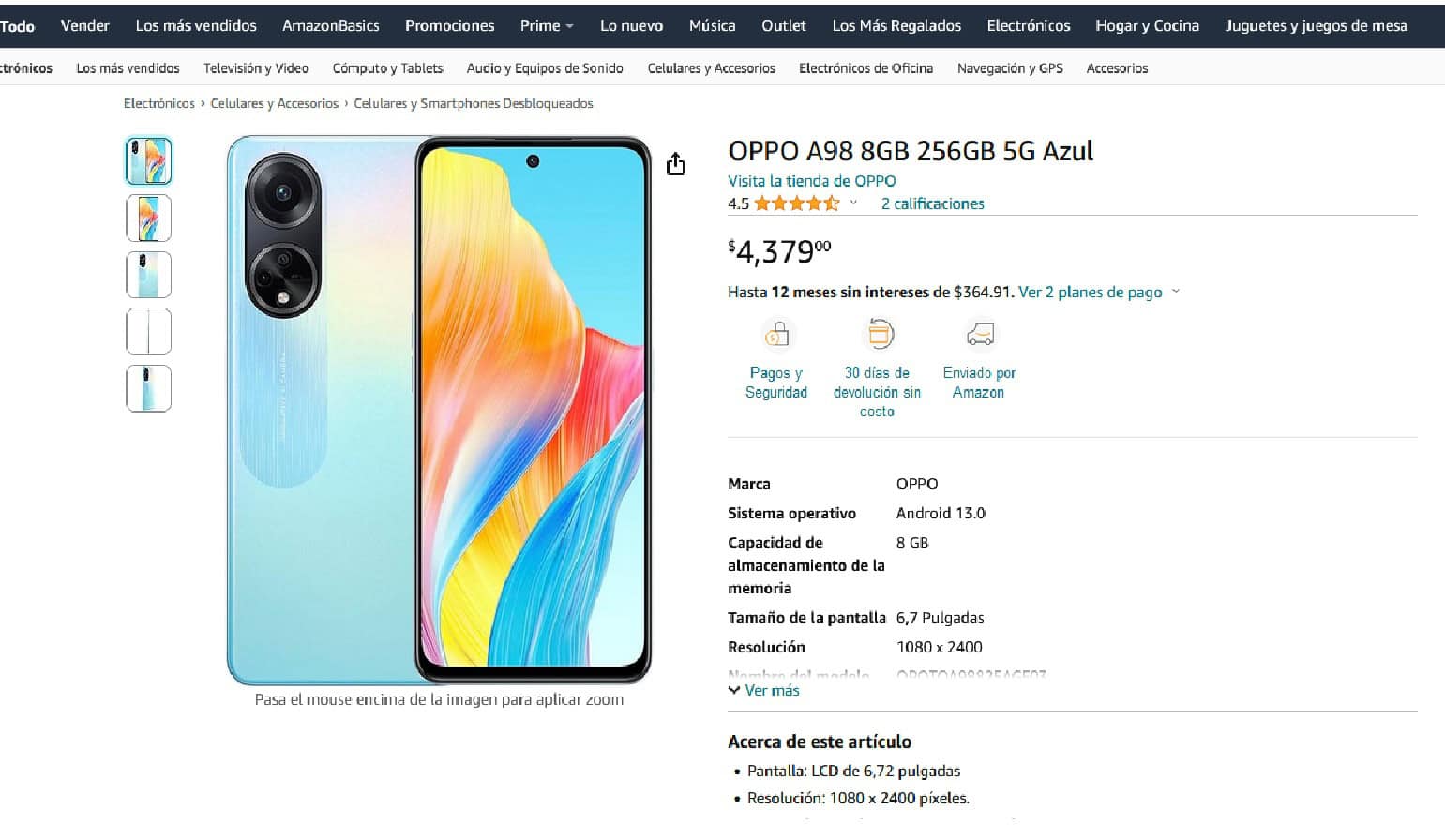 Este es el costo del OPPO A98 en Amazon