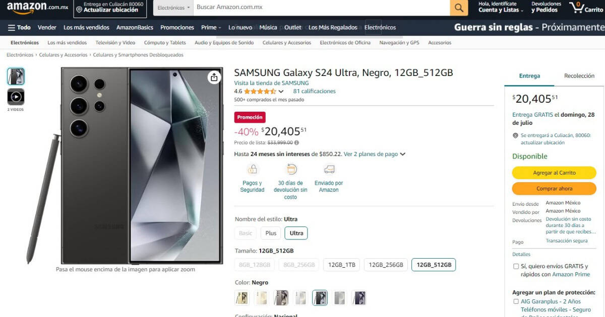 Smartphone Samsung Galaxy S24 Ultra casi a mitad de precio en Amazon