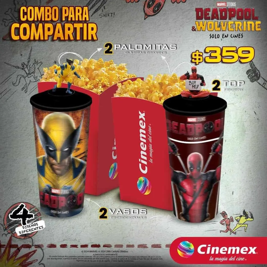 Combo de vasos de la película Deadpool y Wolverine en Cinemex. Foto Coleccionable de Cine y Más