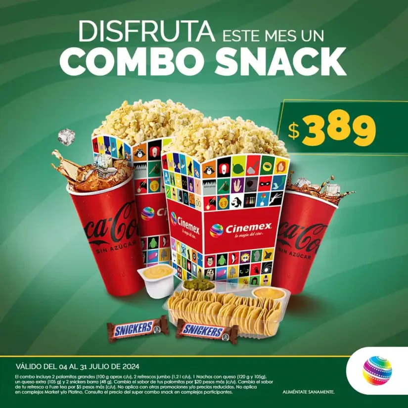 El combo Snack de Cinemex que estará disponible solo por el mes de julio de 2024.