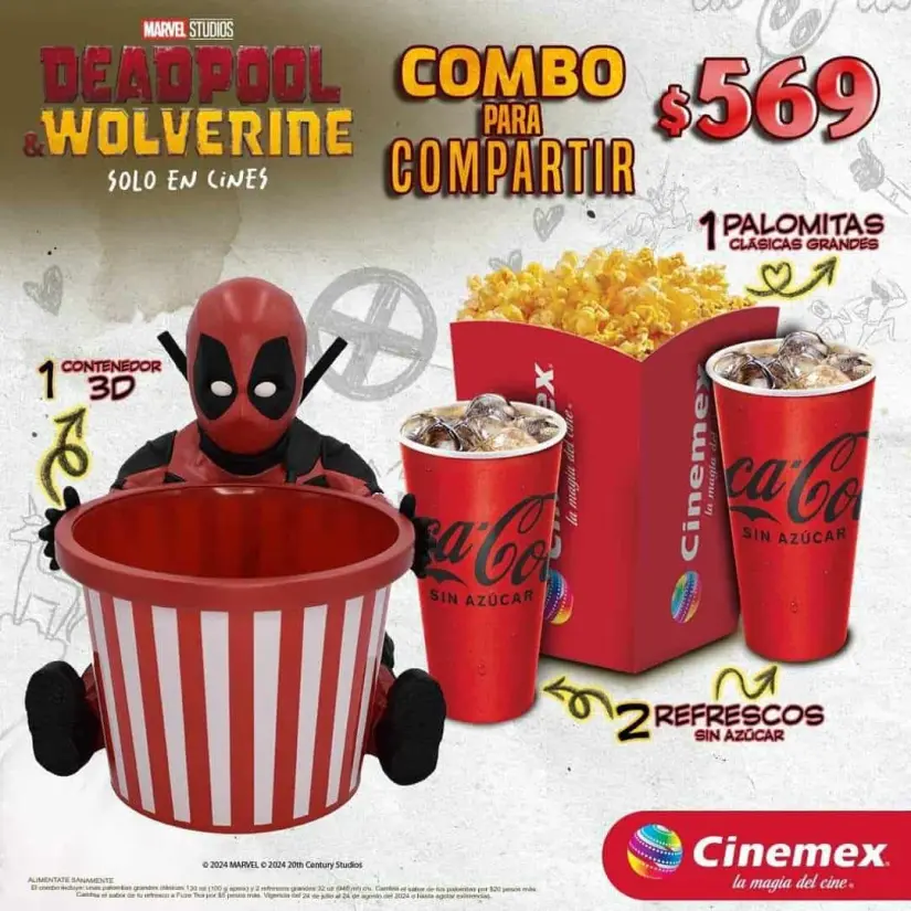 Combo de palomera de la película Deadpool y Wolverine en Cinemex. Foto Coleccionable de Cine y Más