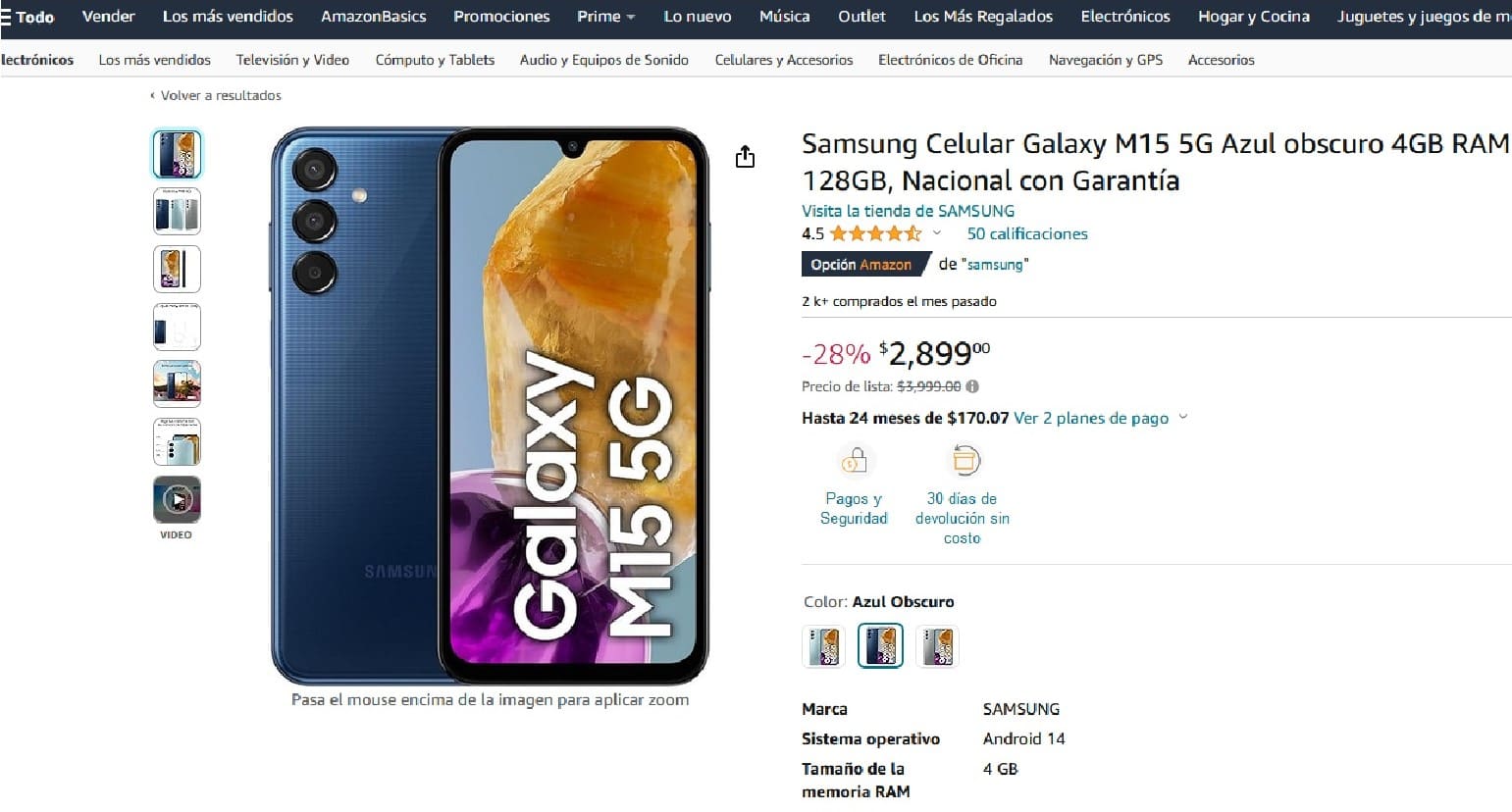 El smartphone Samsung Galaxy M15 con rebaja en Amazon. Foto: Cortesía