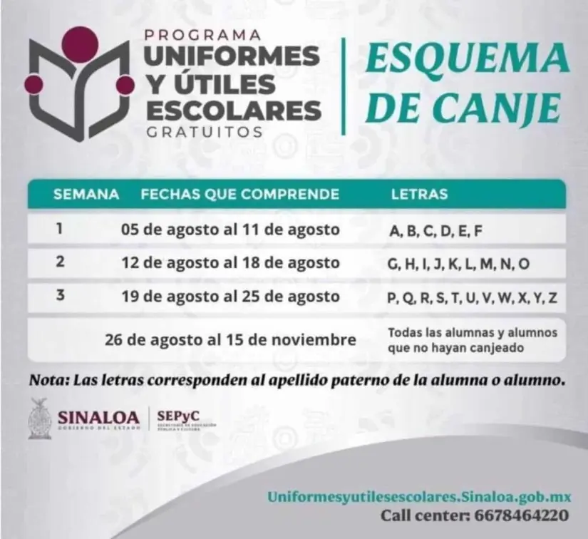 Esquema del canje de uniformes y útiles escolares por apellidos en Sinaloa.