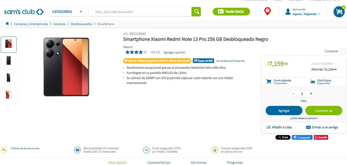 Sam's Club remata el smartphone Xiaomi Redmi Note 13 Pro con oferta de $1,500 pesos