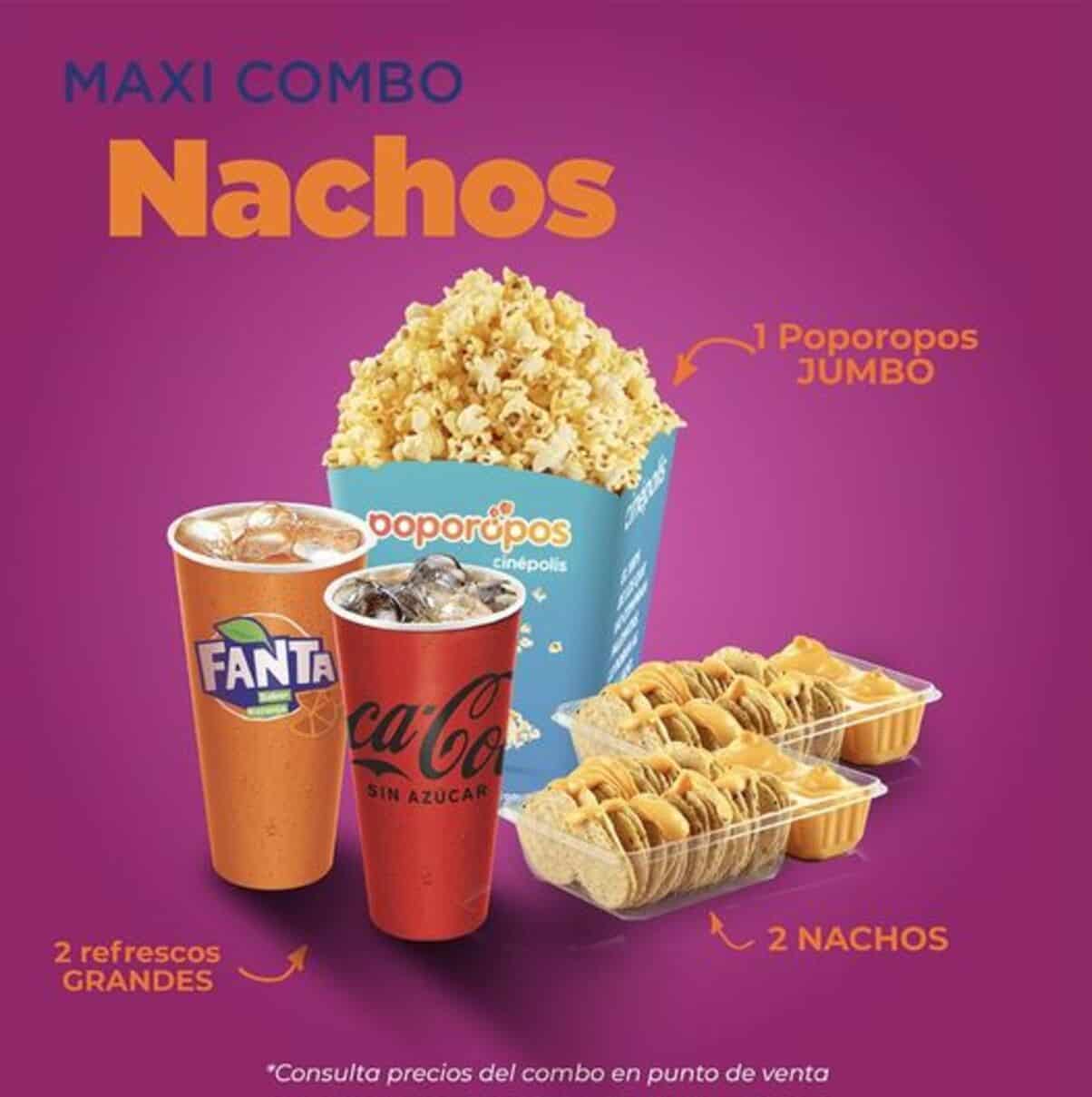 El Maxicombo Nachos de Cinépolis para sala tradicional, tiene precio de 389 pesos en 2024.