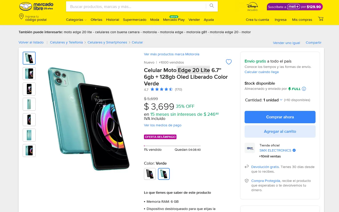 El precio de oferta del Motorola Edge 20 Lite en Mercado Libre. Foto: Captura de pantalla