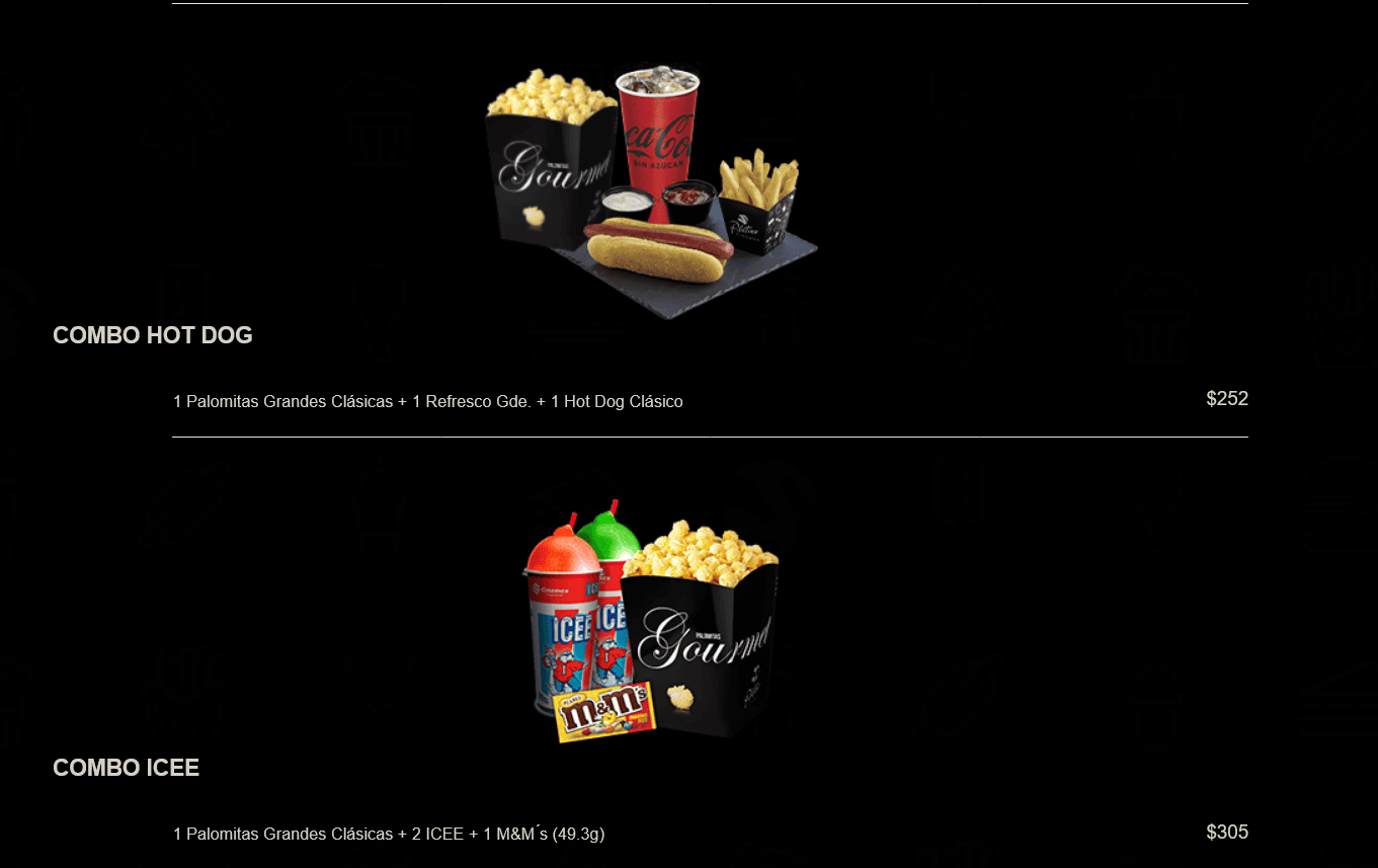 Combos en Cinemex en la sala Platino (VIP) y costo en 2024.