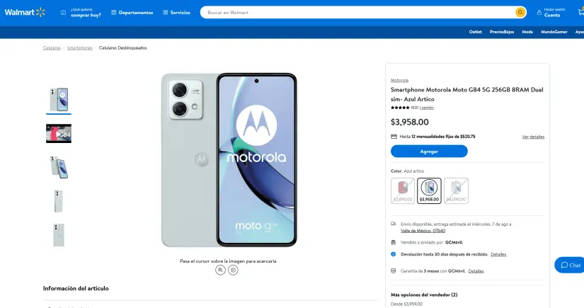 Costo del Motorola Moto G84 en Walmart.