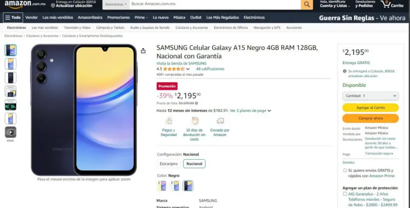 Smartphone Samsung Galaxy A15 a precio de remate en Amazon